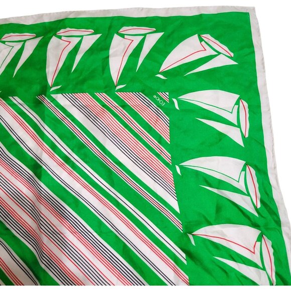 Vintage Echo Silk Scarf Green Nautical Sailboat Print Red Black Stripes As-Is - Picture 13 of 16